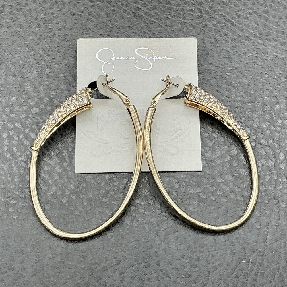 Jessica Simpson Hoop Earrings Womens Gold Tone Crystal Pave Oval Dangle Drop
